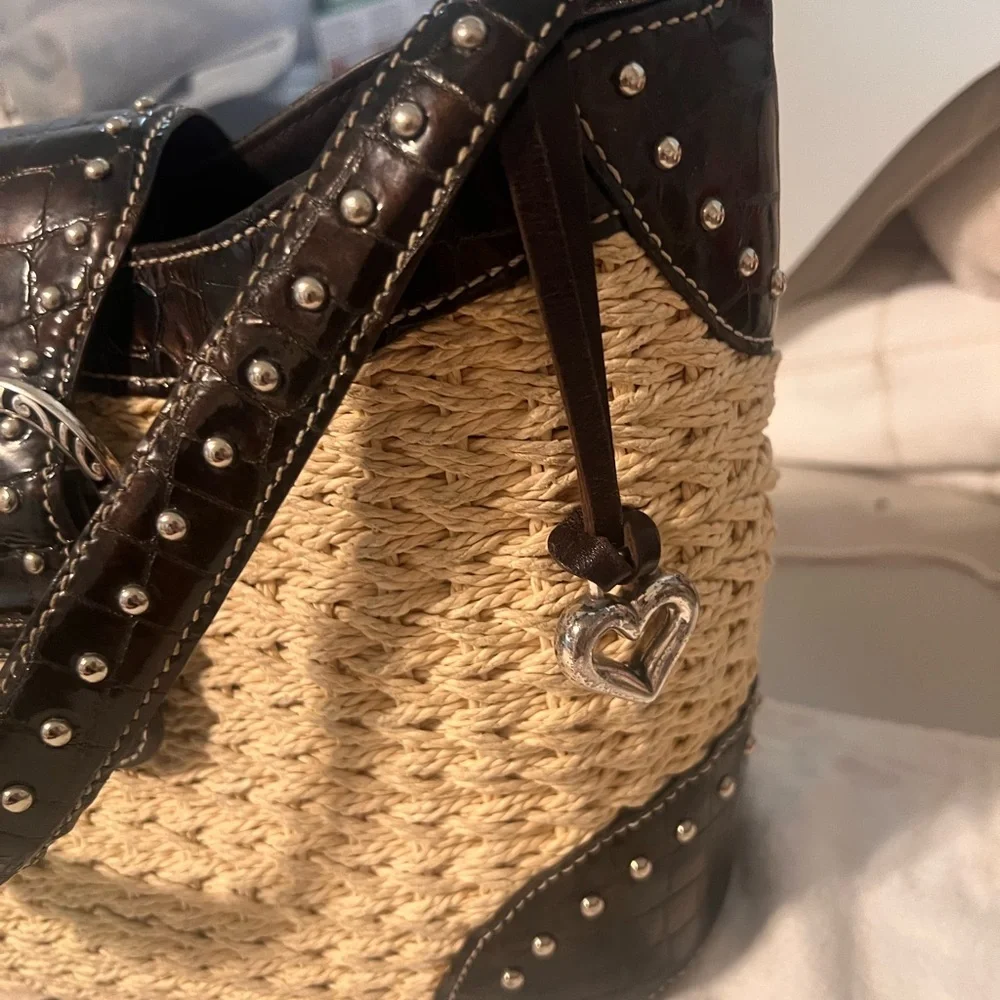 Brighton Raffia and Croc Embossed Studded Shoulder Bag